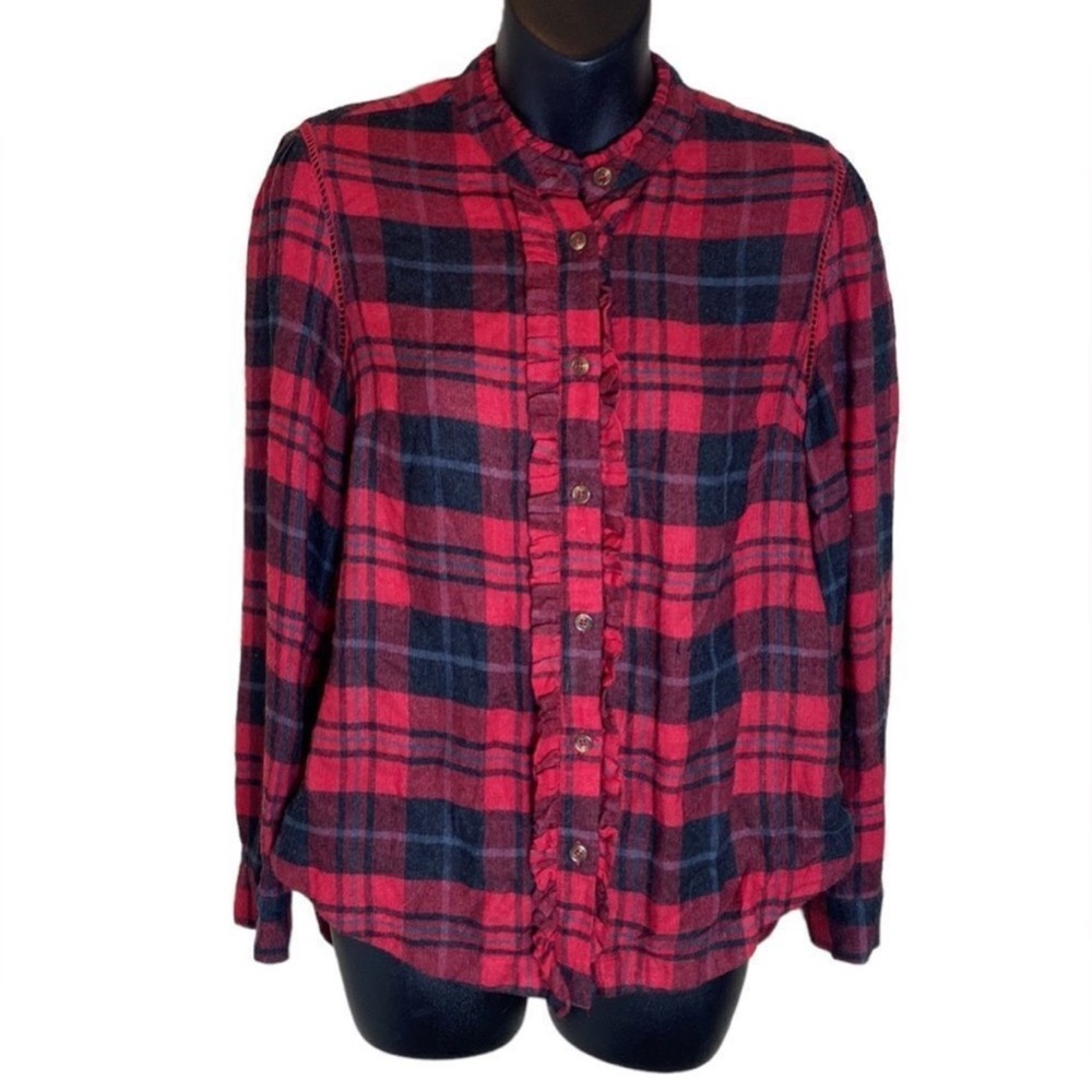 319 // Soft Surroundings Triana Plaid Ruffle Flannel soft shirt // XS